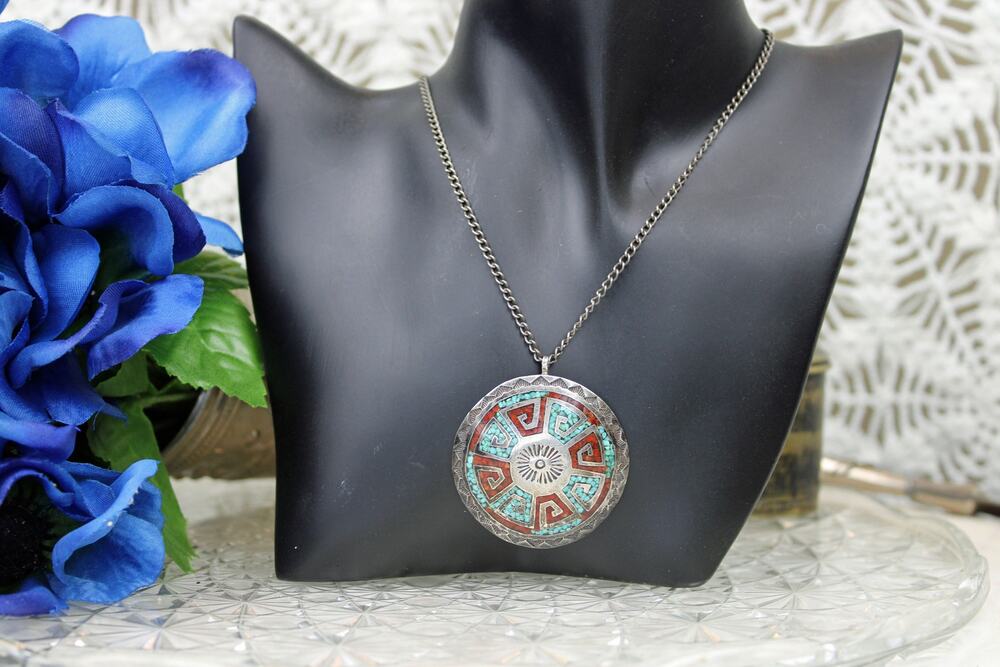 Juan Singer Navajo Sterling Silver Sun Motif Chip Inlay Necklace